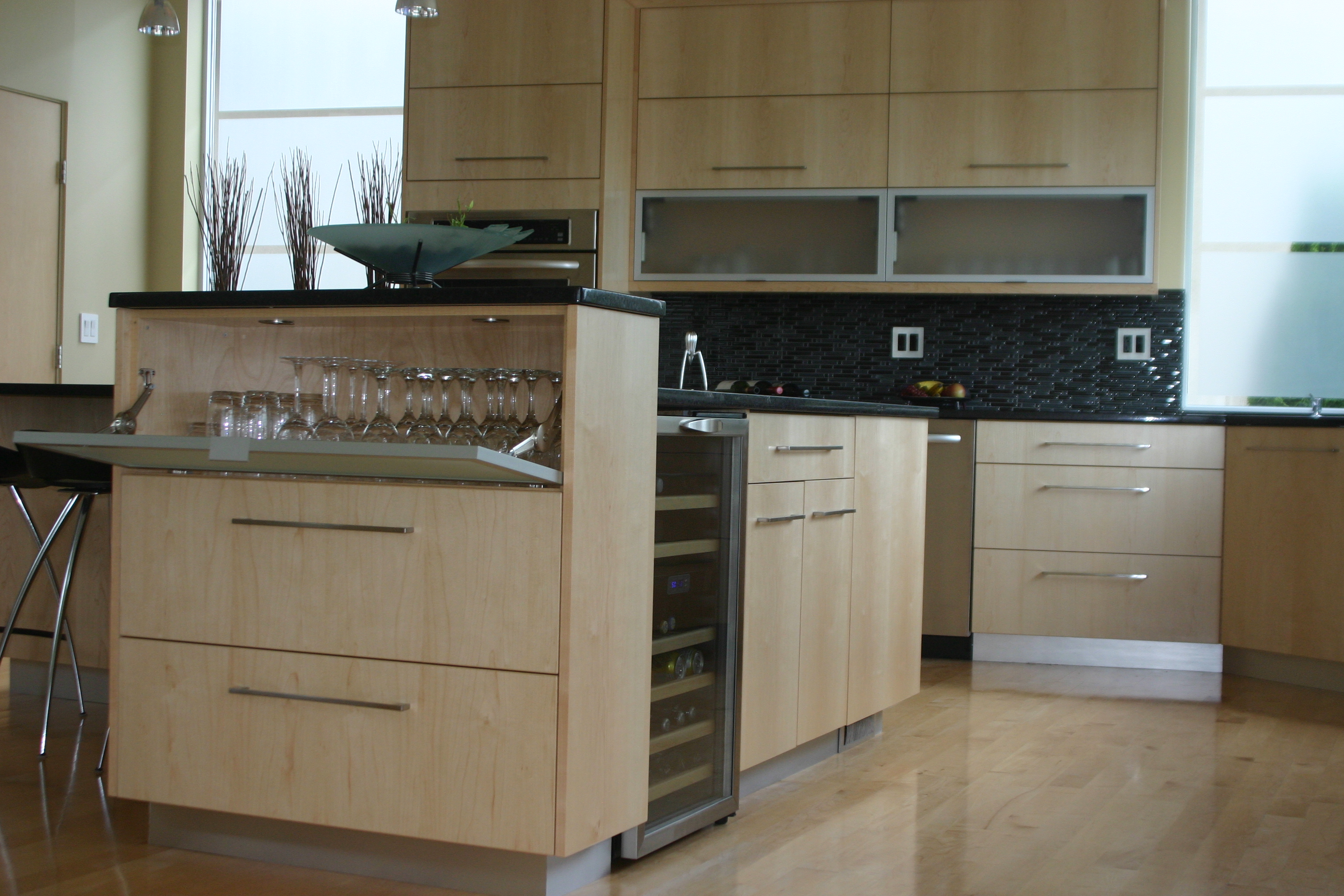 New Aventos Lift System and Display Cabinetry in Eastern Maple Kitchen